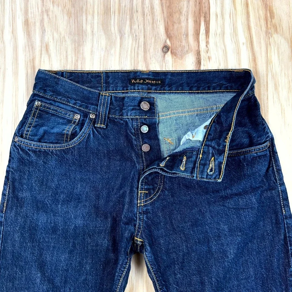 Nudie Jeans Co. Mens 30x26 Blue Denim Dark Wash Straight Leg Button Fly Everyday